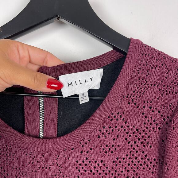 MILLY Size 8 Knee Length Dress Bodycon Fitted Puff Sleeve Maroon Red Knit - Picture 3 of 8